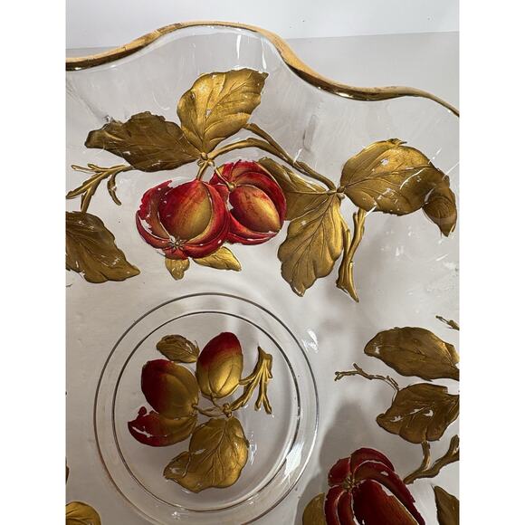 Vintage Glass Intaglio Fruit Bowl Goofus Glass Ruffled Gold Rim Red Fruit - Picture 14 of 14